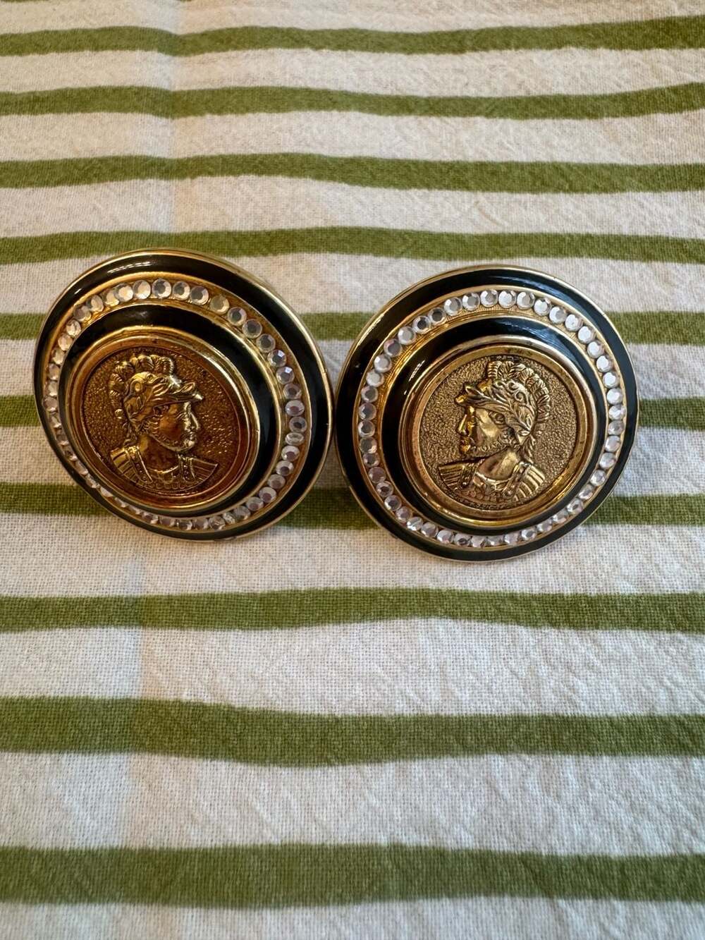 Vintage Craft Gold Tone Roman Coin Clip-On Earrings with Rhinestone Surround